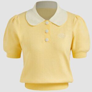 Cider x Polly Pocket Knit Top Womens XL Yellow White Collar Puff Sleeve NWT